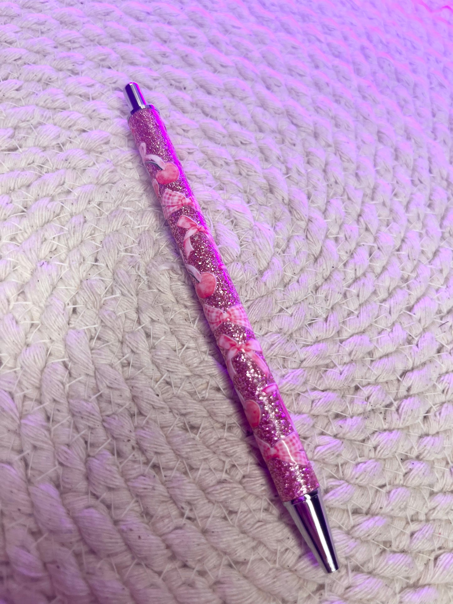 Pink glitter pen- Pink ribbons and cherries