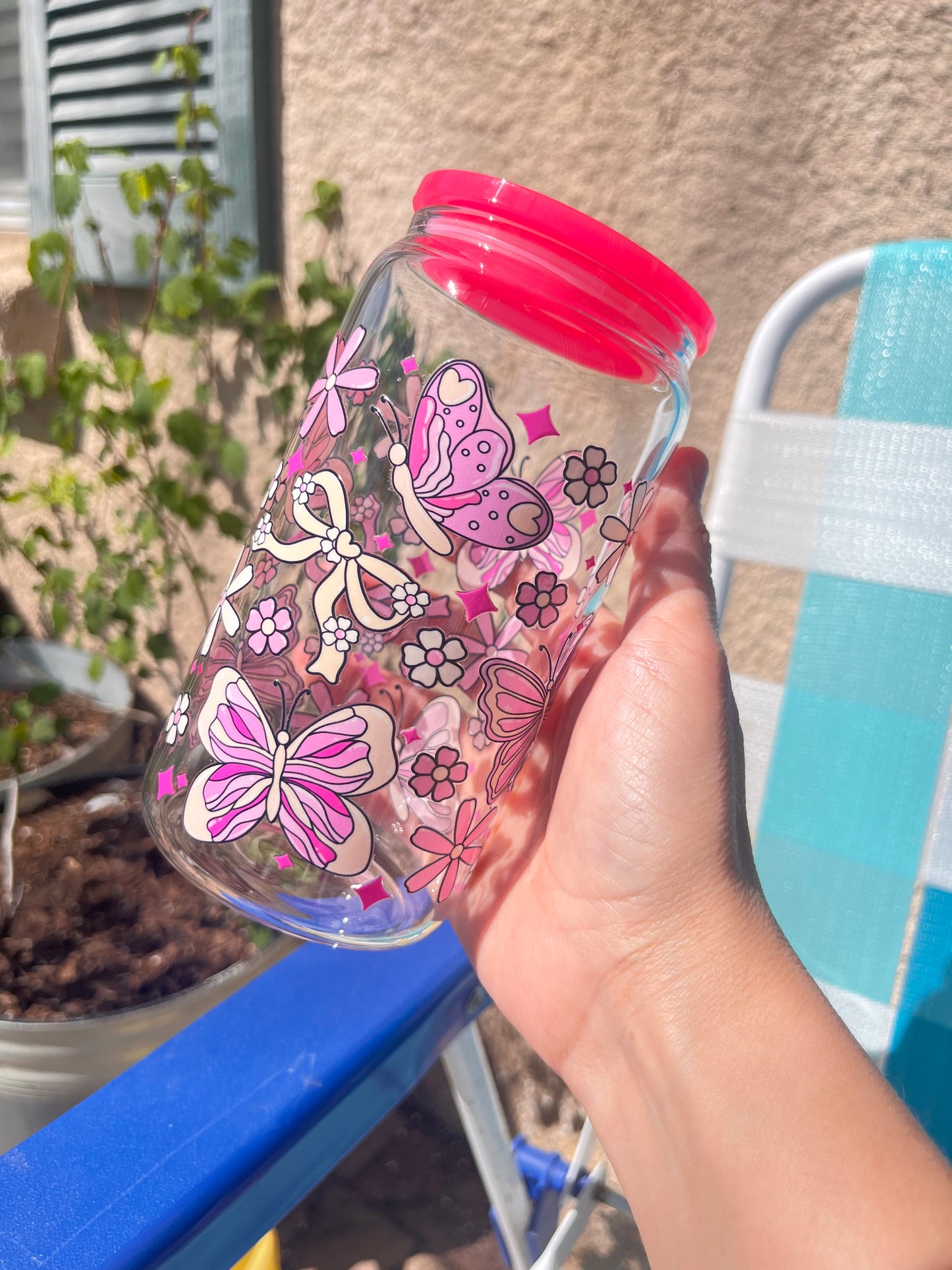 Pink Butterly and ribbons glass cup