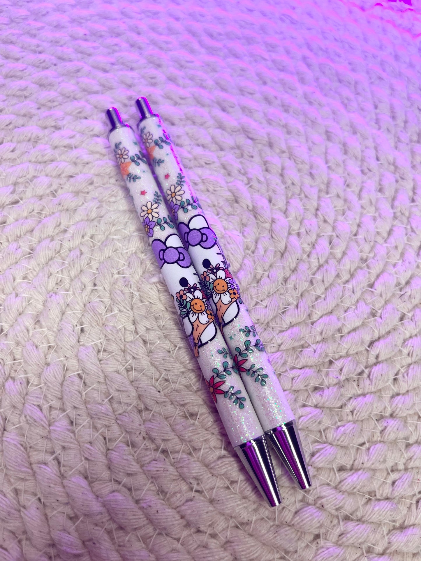 Glitter pen/ Purple floral kitty ink pen