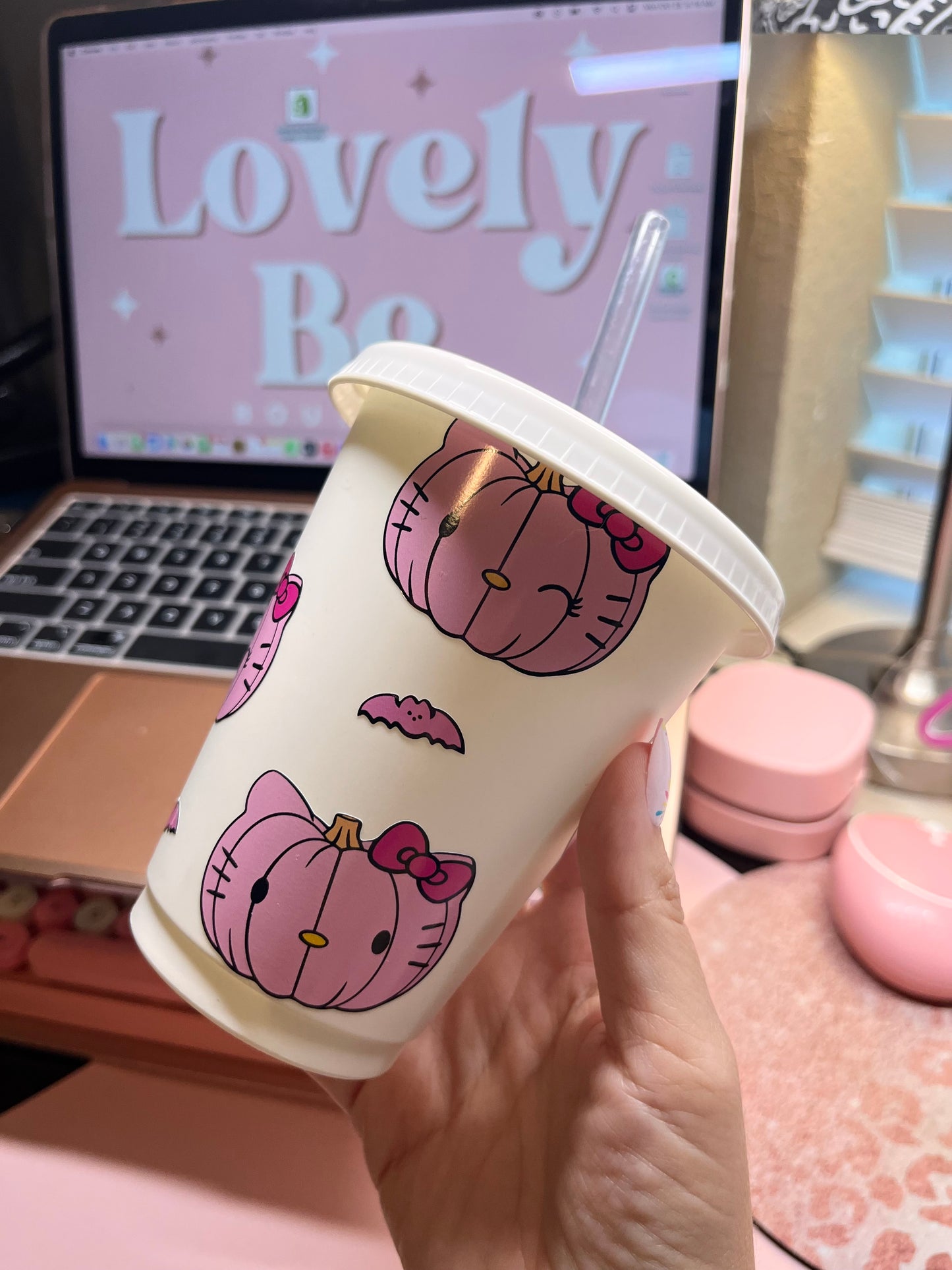 Pink kitty pumpkin kitty plastic cup