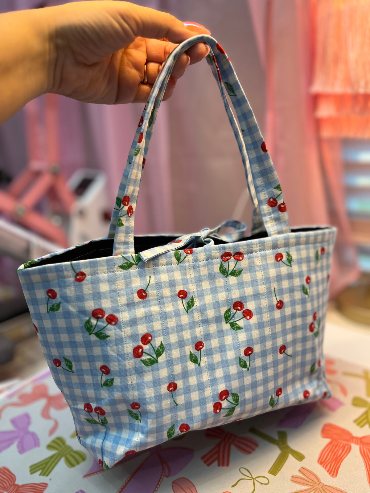 Blue plaid with cherries Mini tote bag