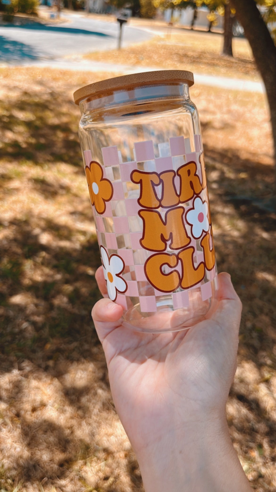 Tired Moms club checkered glass cup