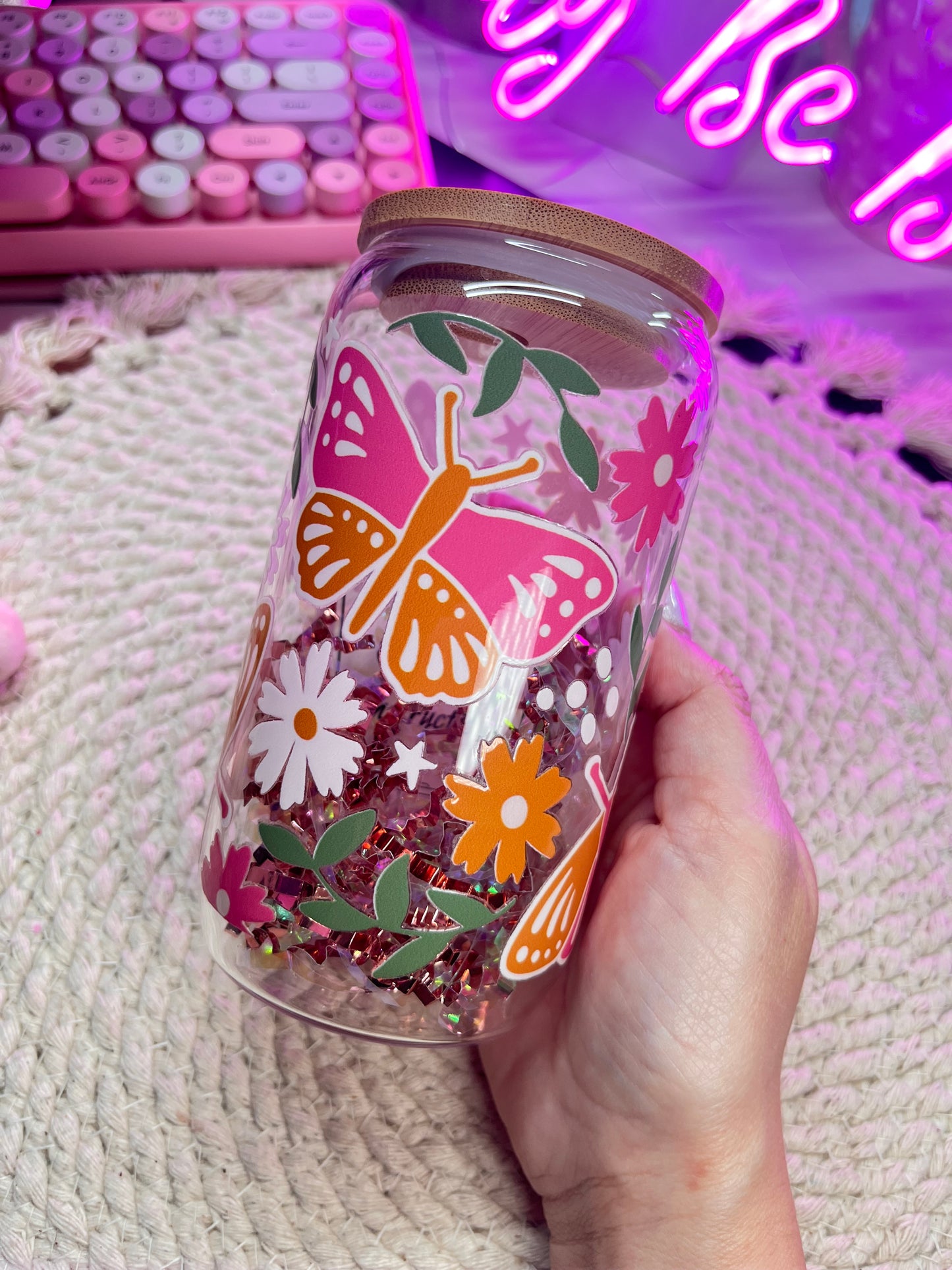 Spring Monarch butterfly glass libby cup