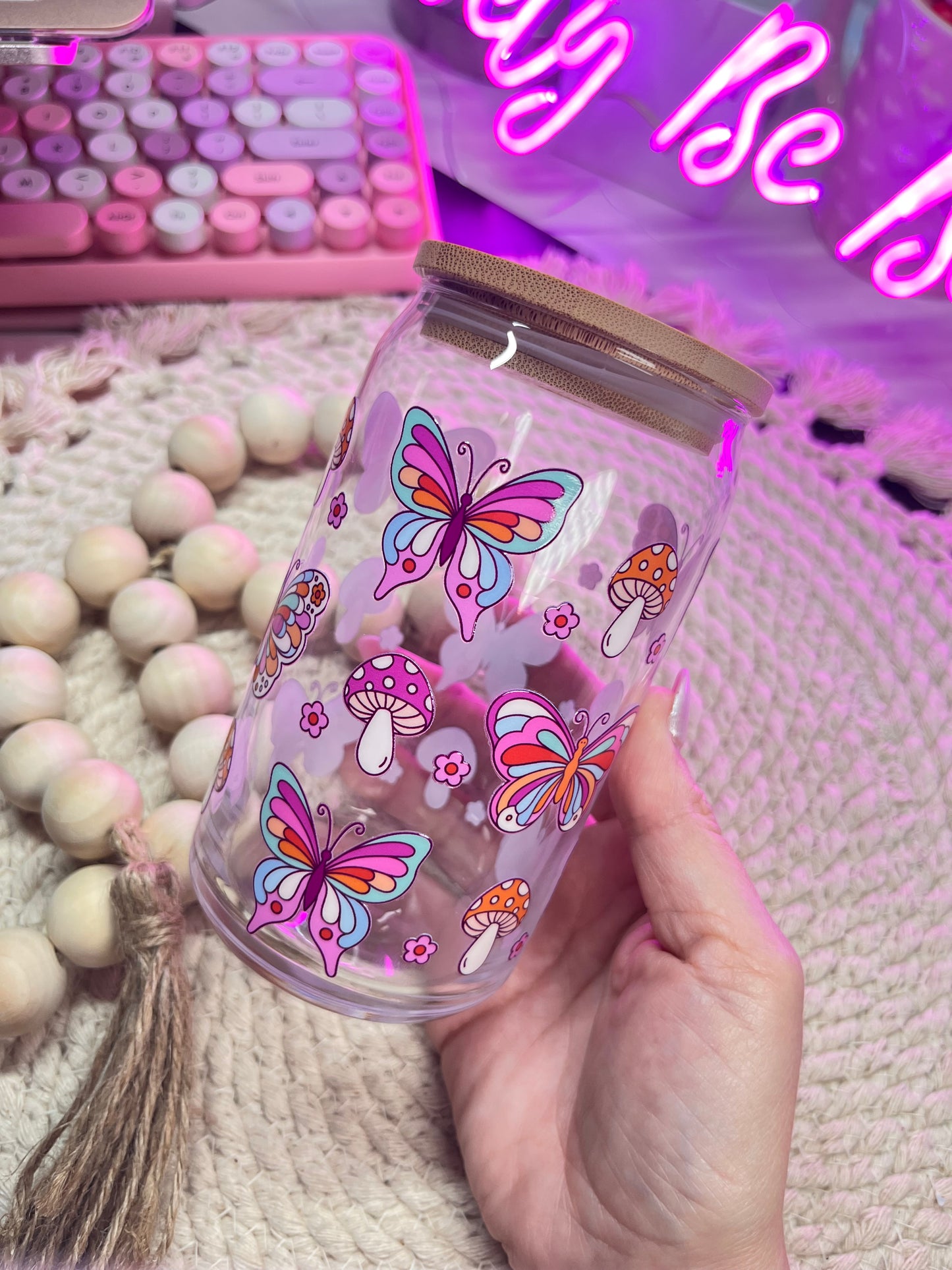 Mushrooms and butterflies libby glass cup