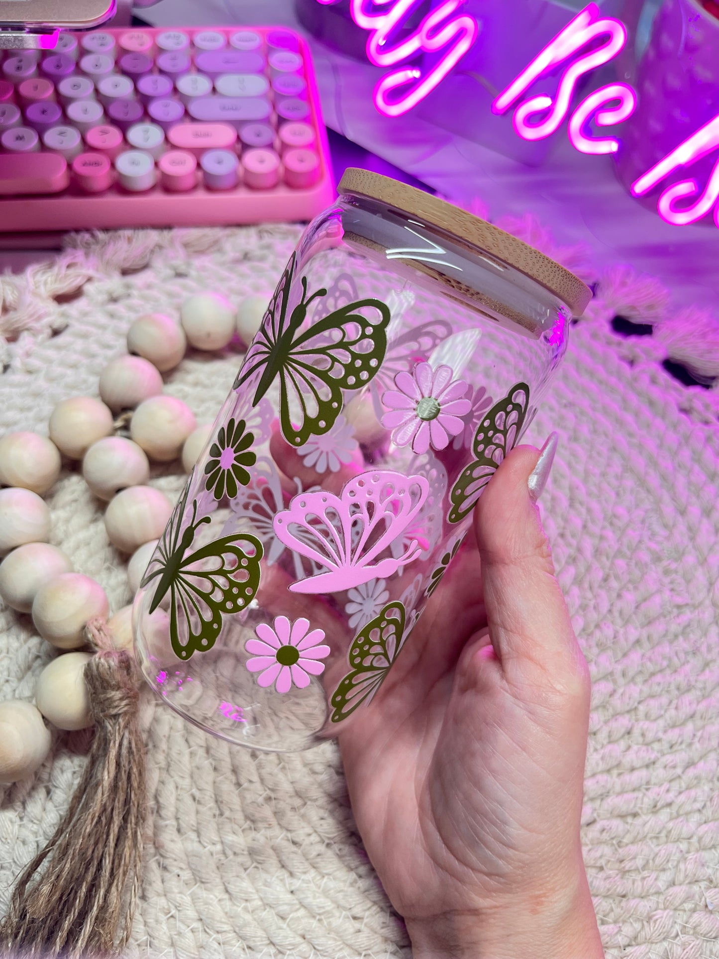 Butterflies and florals glass libby cup