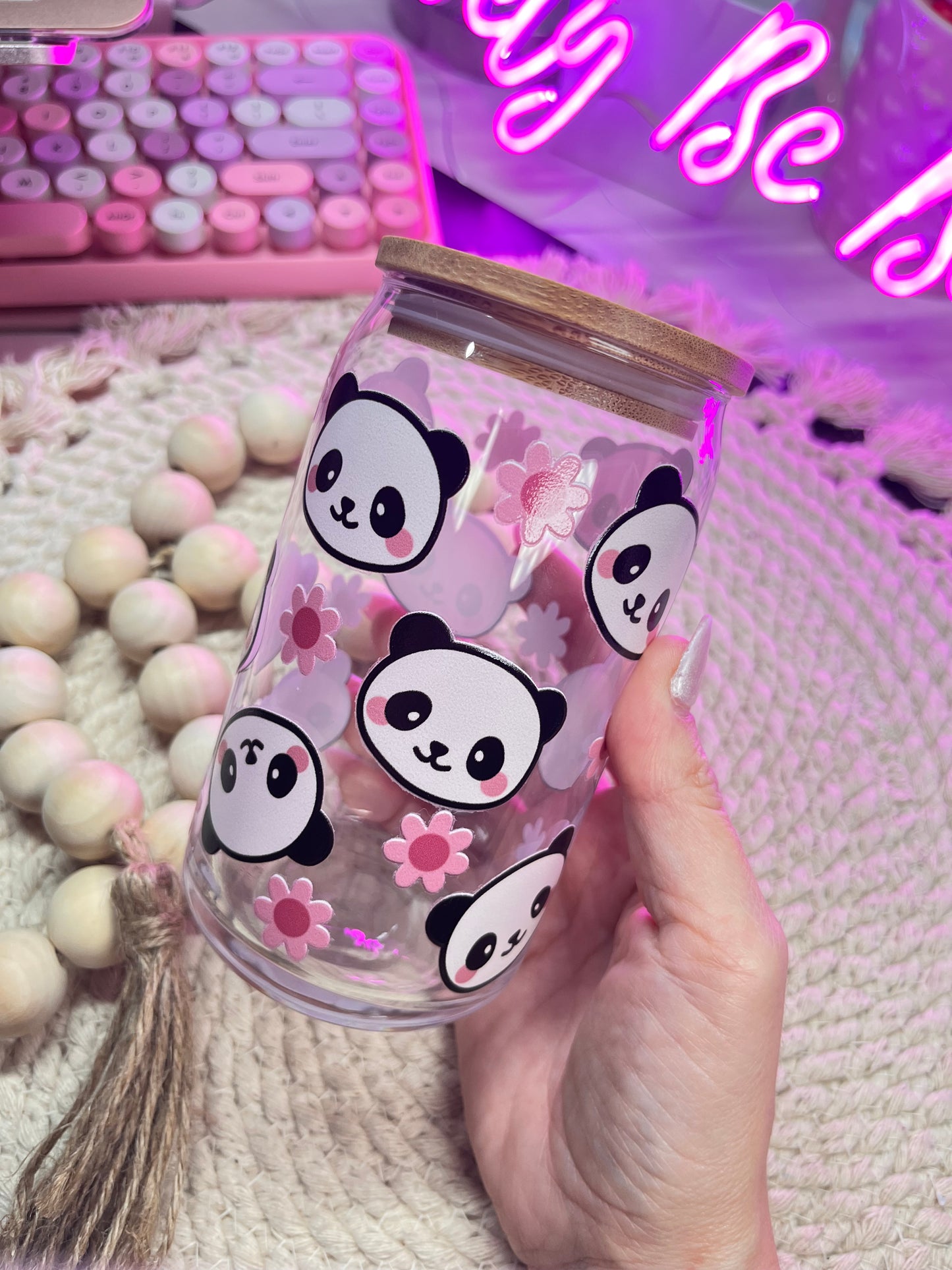 Cute Panda & daisies libby glass cup