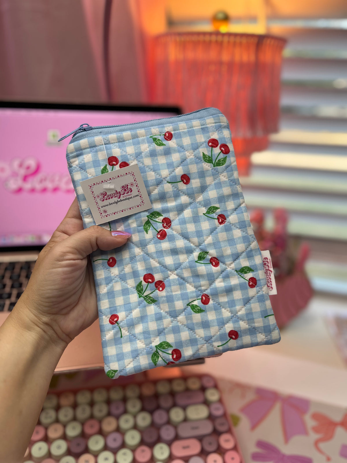 Blue plaid and cherries zipper pouch