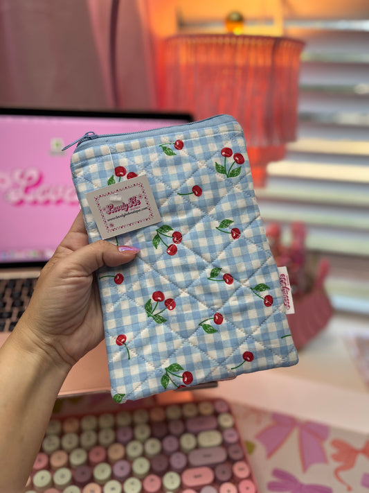 Blue plaid and cherries zipper pouch