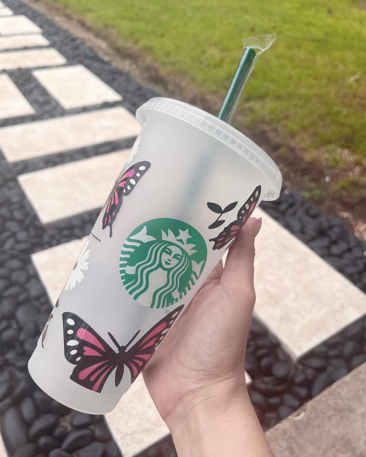 Pink Butterfly plastic Starbucks cup
