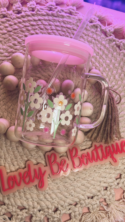 Pink floral glass mug