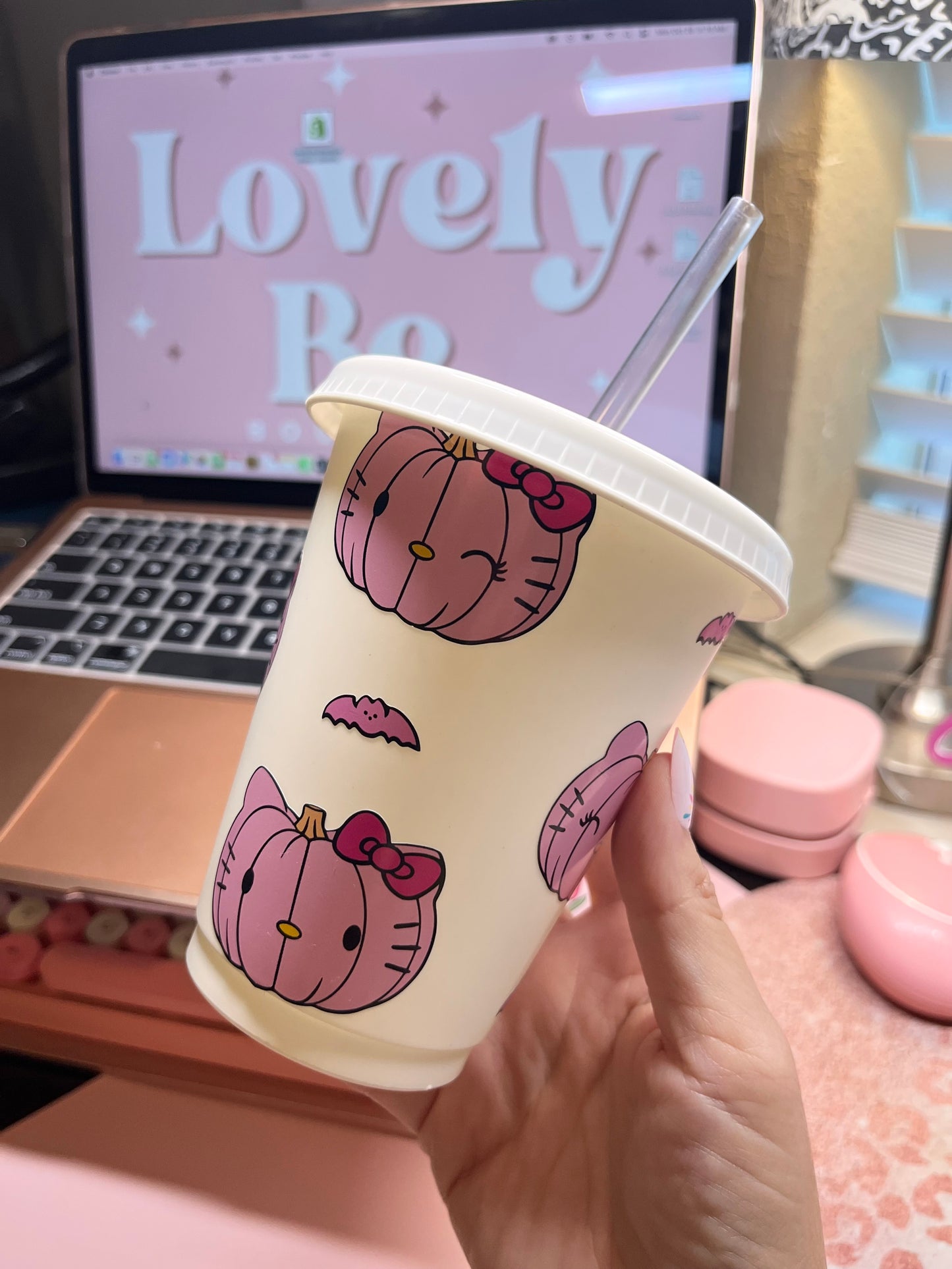 Pink kitty pumpkin kitty plastic cup