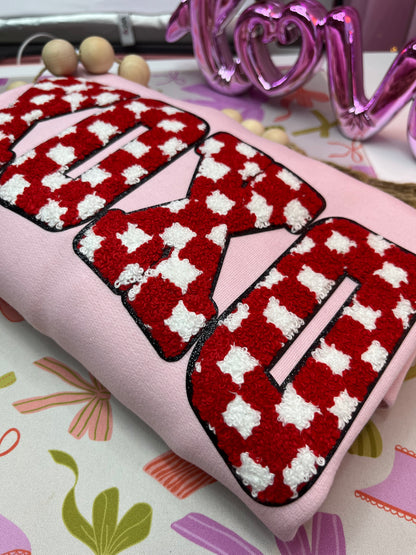 Pink sweater Red & checkered XOXO patch