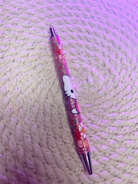 Pink glitter pen- Pink Kitty floral