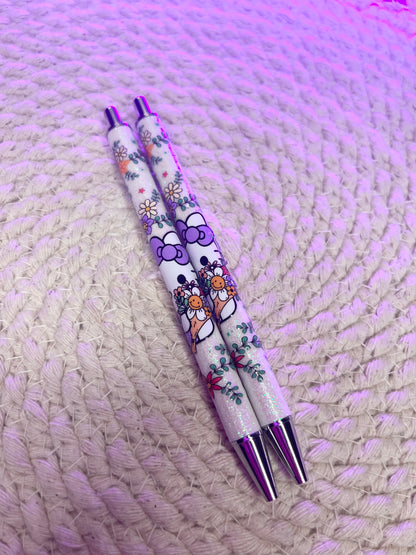 Glitter pen/ Purple floral kitty ink pen