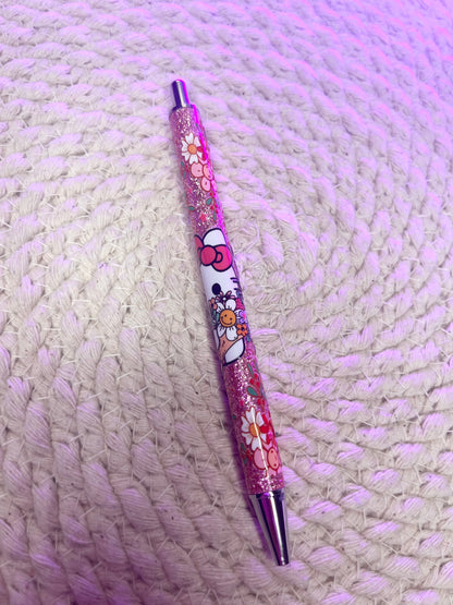 Pink glitter pen- Pink Kitty floral