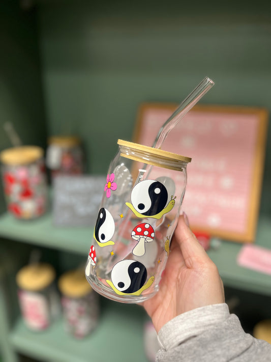 Ying and yang mushrooms and snails glass cup ￼