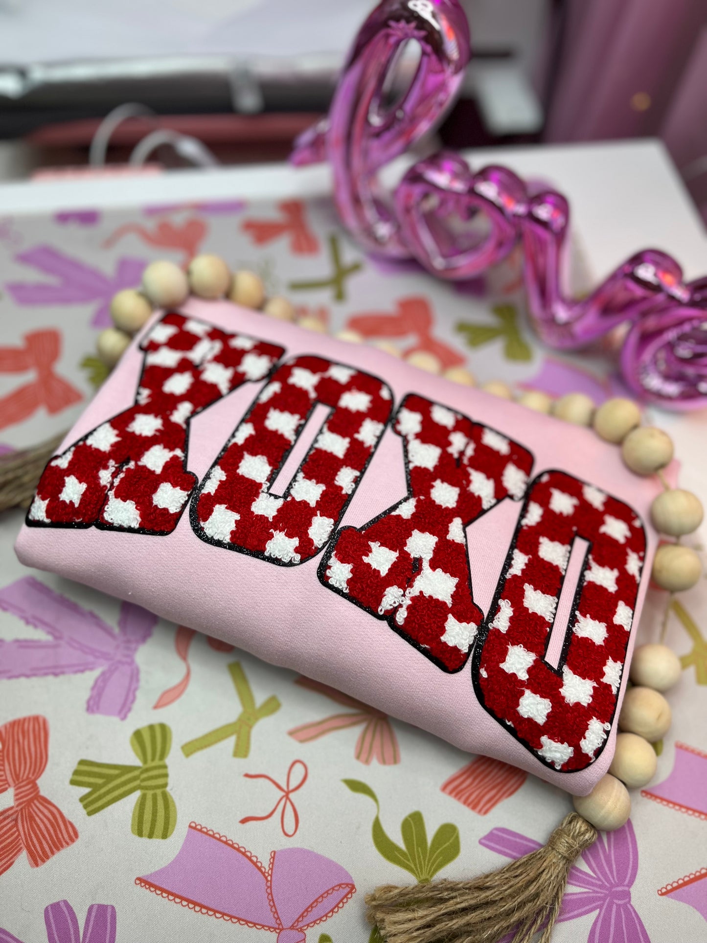 Pink sweater Red & checkered XOXO patch