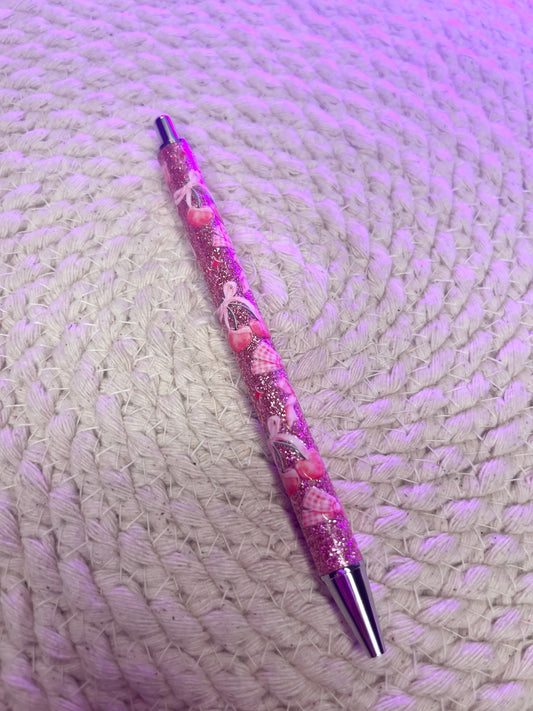 Pink glitter pen- Pink ribbons and cherries
