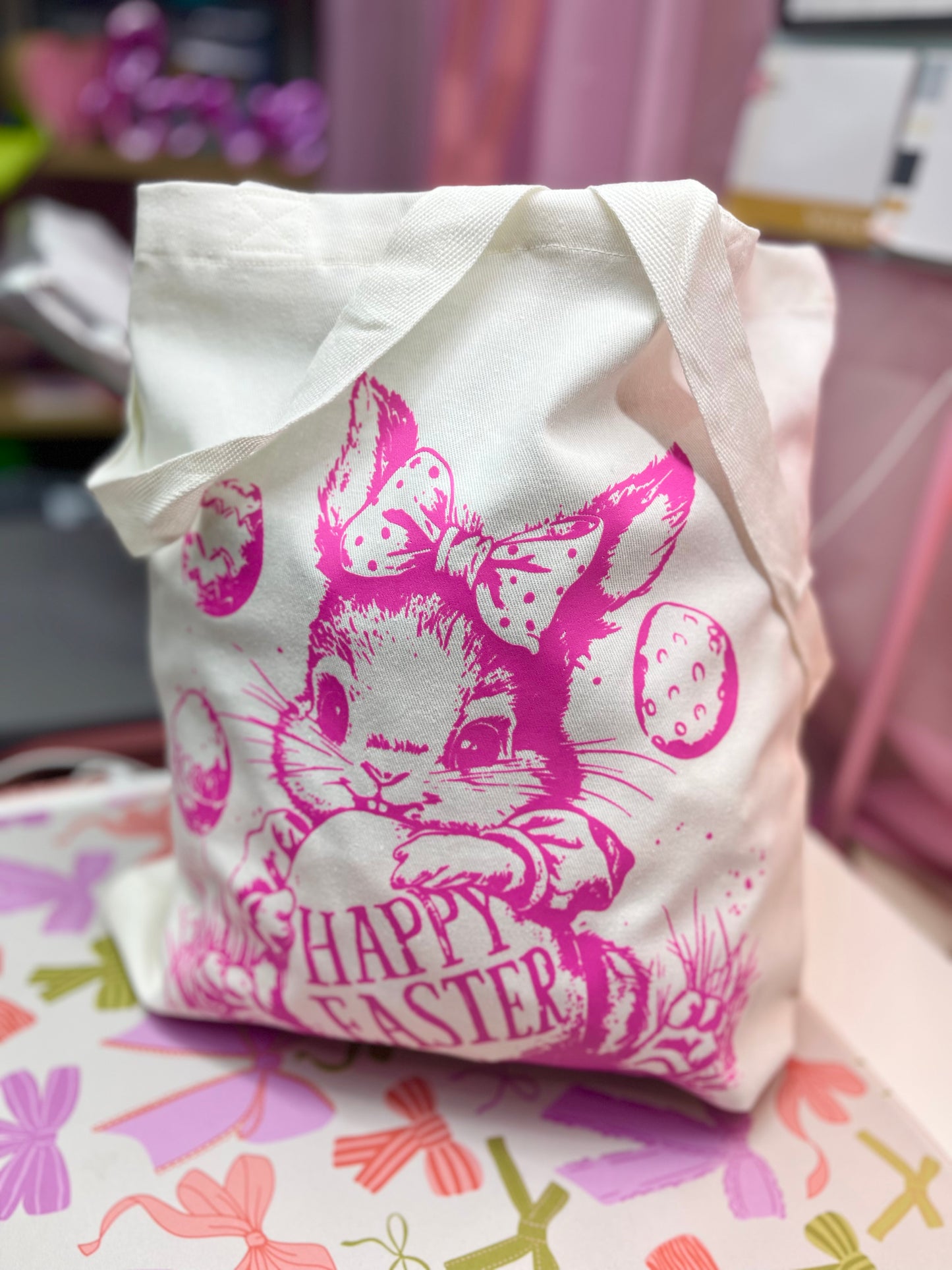 Happy Easter pink bunny tote bag
