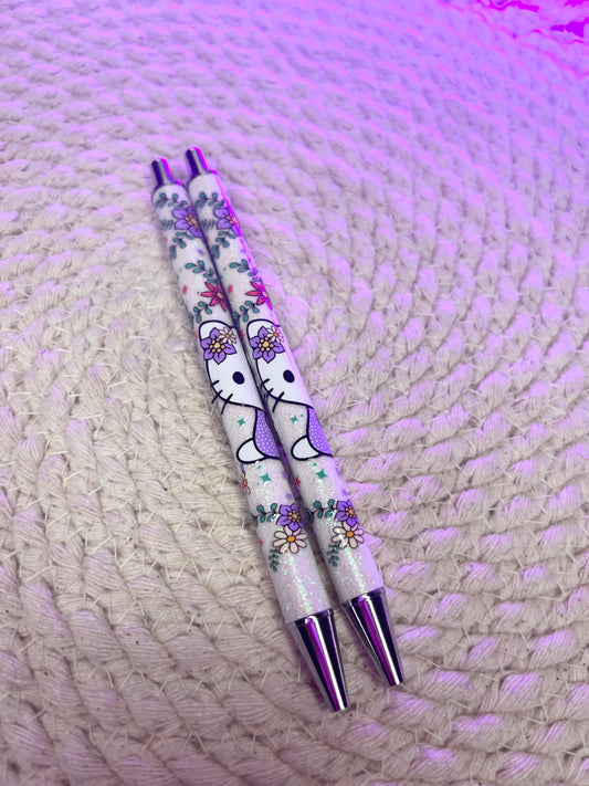 Glitter pen/ Purple floral kitty ink pen