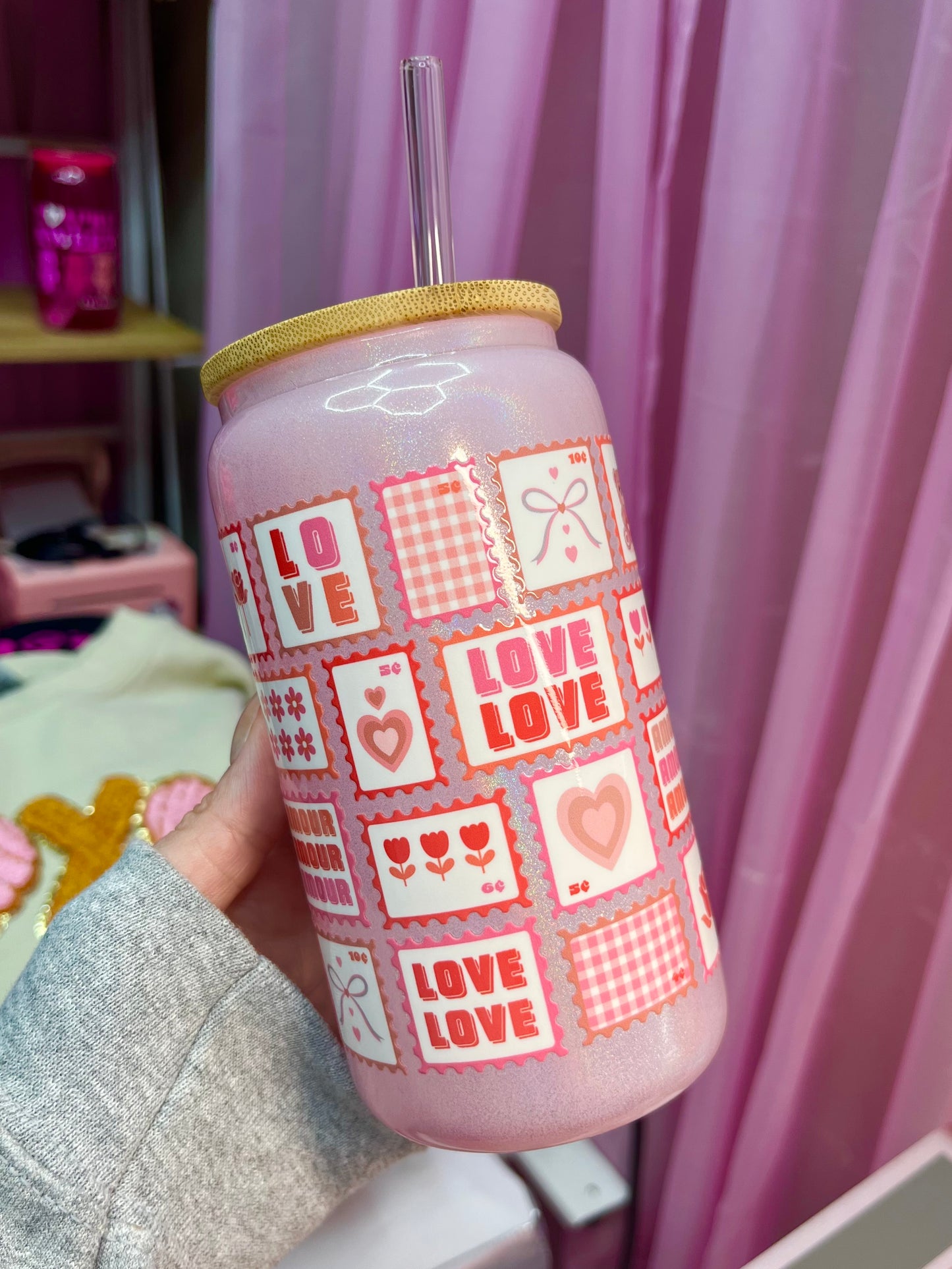 Valentines stamps white shimmer glass cup