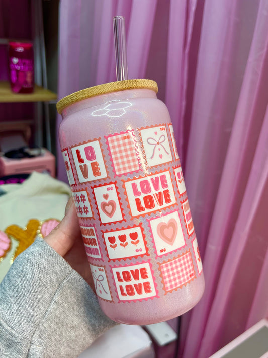 Valentines stamps white shimmer glass cup