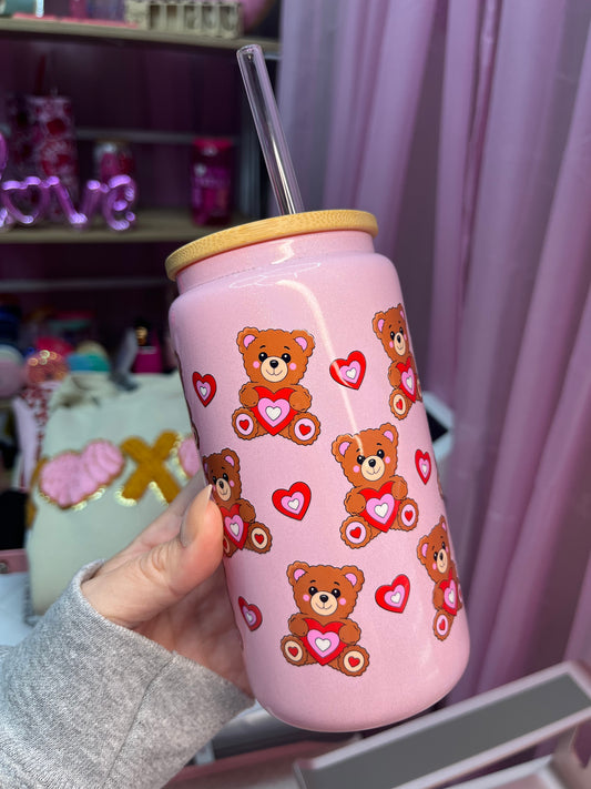 Teddy bear retro heart pink shimmer glass cup