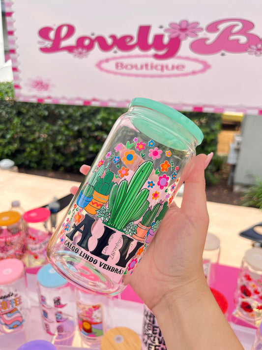 Cute cactus floral glass cup
