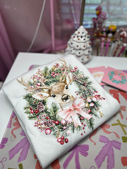 Blissful Deer wreath white sweater