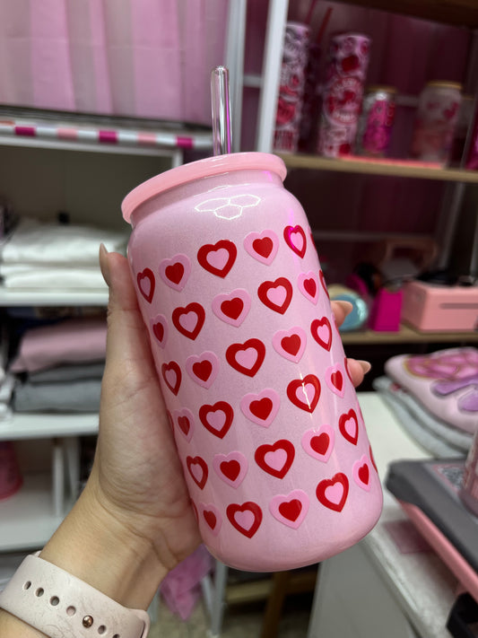 Retro hearts pink shimmer glass cup