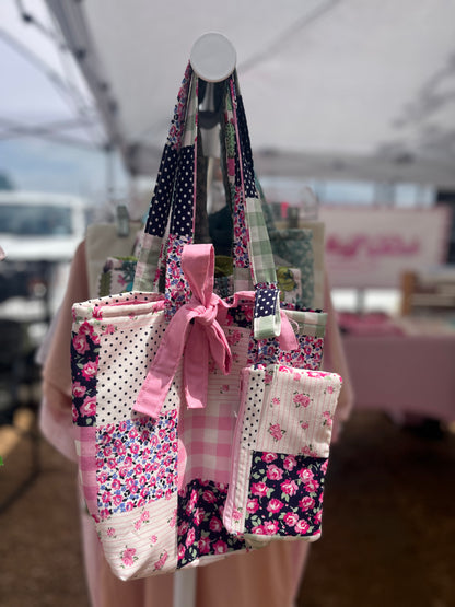 Patched floral pink tote and wristlet