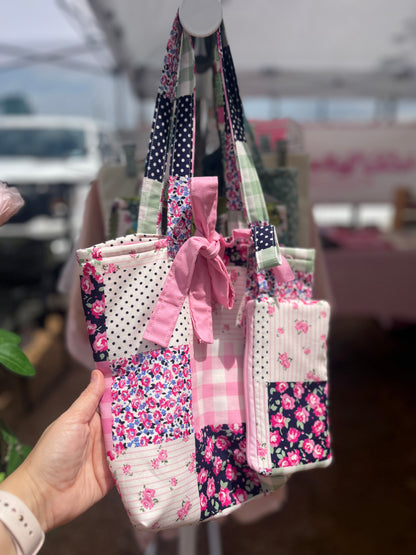 Patched floral pink tote and wristlet