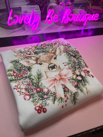 Blissful Deer wreath white sweater