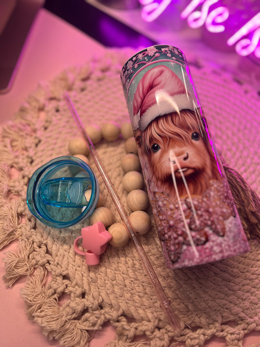 Pink Christmas Highland Cow tumbler