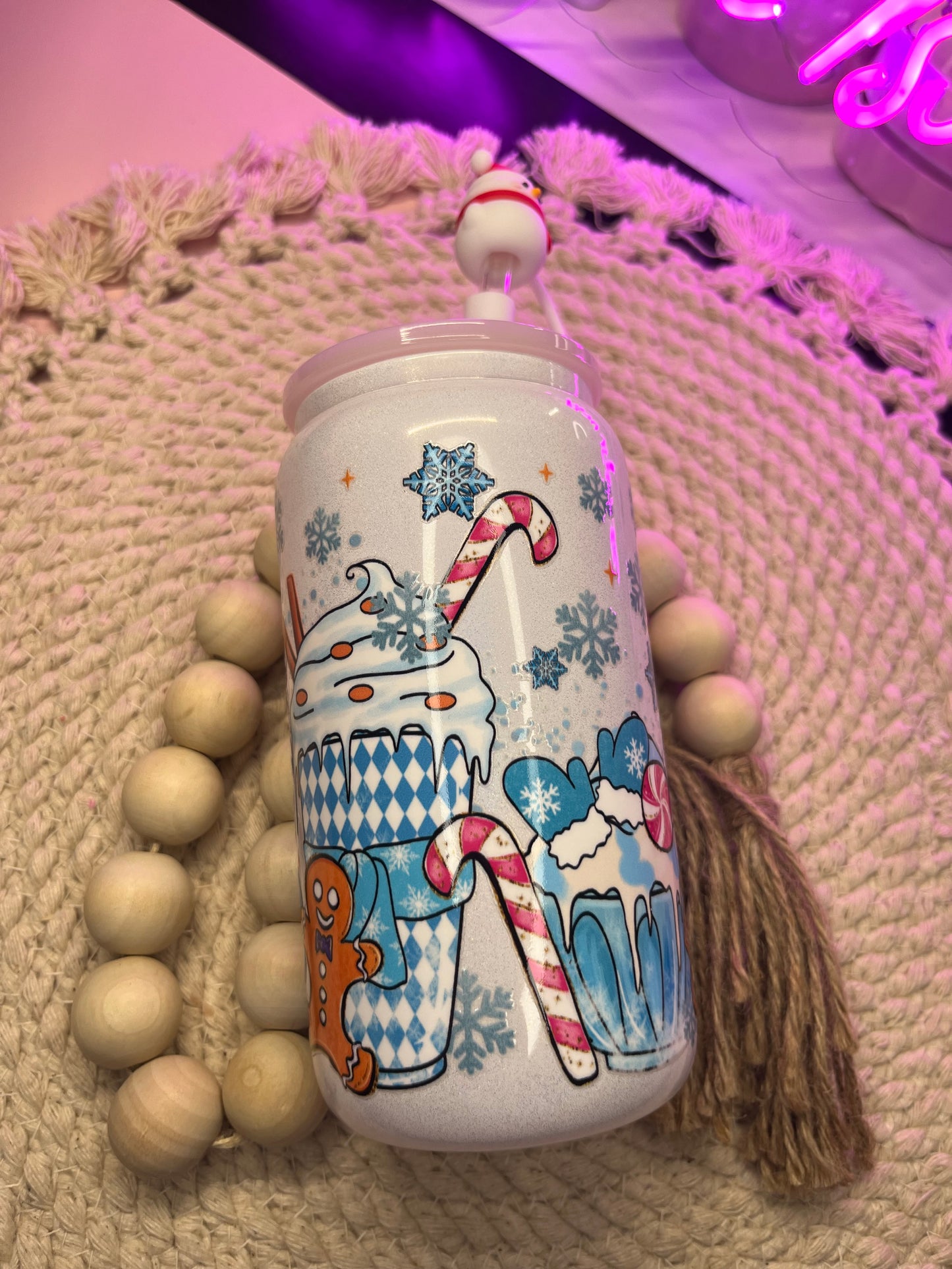Blue Christmas lattes white  shimmer glass cup
