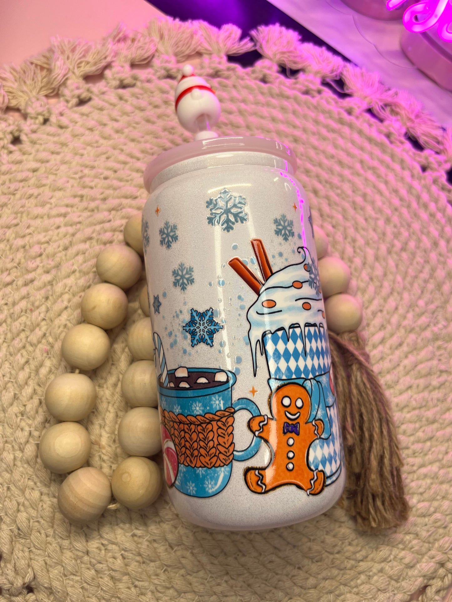 Blue Christmas lattes white  shimmer glass cup