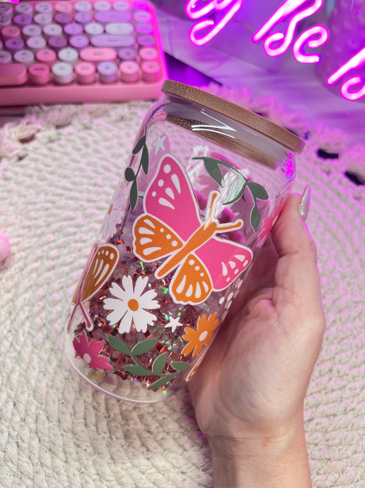 Spring Monarch butterfly glass libby cup
