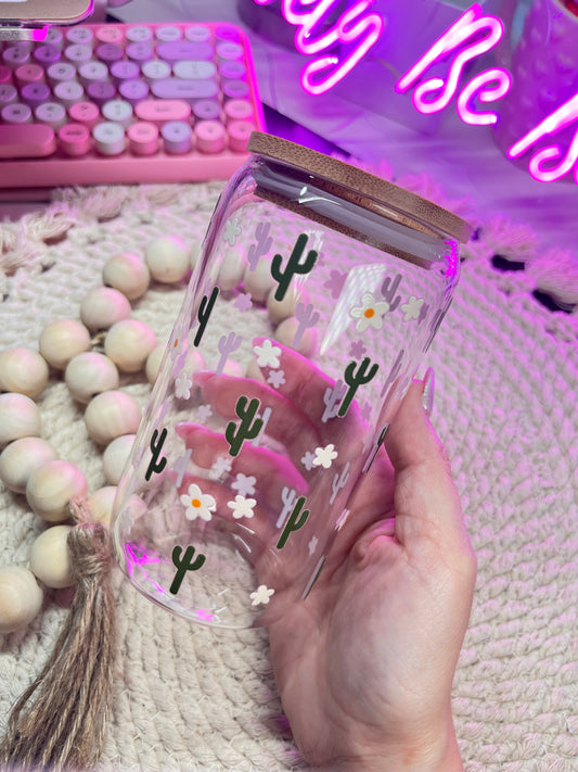 Cactus and daisies glass cup